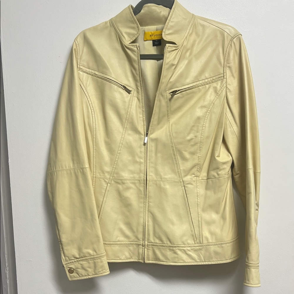St. John Light Yellow Leather Zip Front Jacket